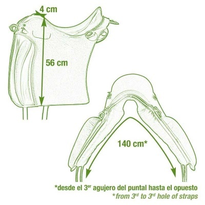 Desenho técnico de sela de cavalo com medidas e texto bilíngue.