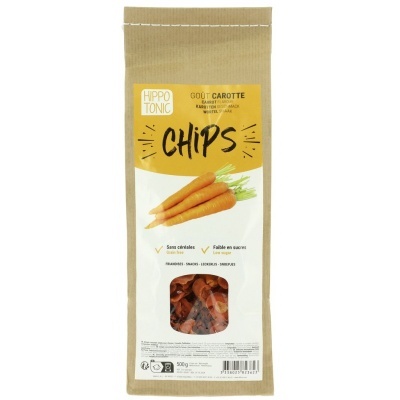 Pacote de chips sabor cenoura da marca HIPPO TONIC em embalagem de papel castanho