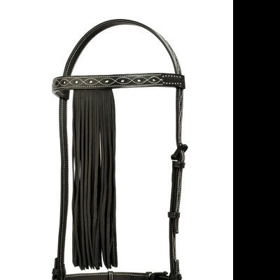 Cabresto preto para cavalo com franjas e costuras brancas