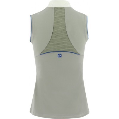 Camisola feminina cinza sem mangas com detalhe em tecido mesh verde nas costas