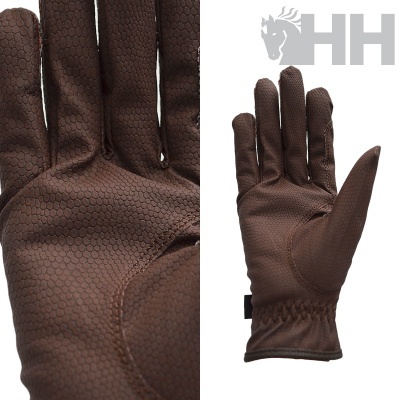 luvas castanhas com padrão hexagonal e logótipo HH cinzento