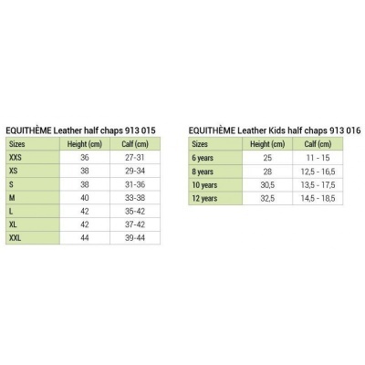 Tabela de tamanhos para EQUITHÈME Leather half chaps adultos e crianças