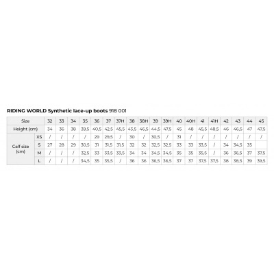 Tabela de tamanhos para botas RIDING WORLD Synthetic Lace-up boots 918 001