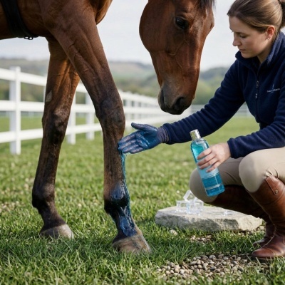 Mulher a aplicar líquido azul na perna de um cavalo castanho em campo com relvado