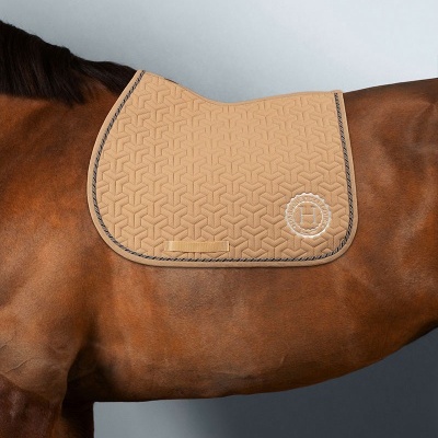 Manta bege para cavalo com padrão geométrico sobre cavalo castanho