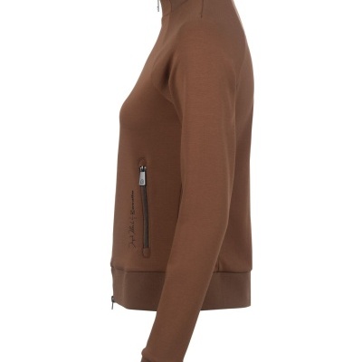 Casaco castanho com fecho lateral e gola riscada