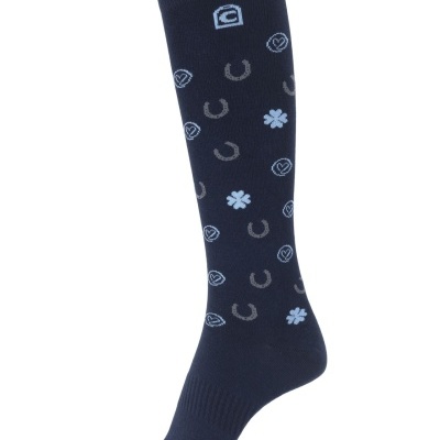 Meia azul escura com padrão ferraduras e flores