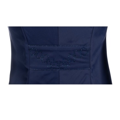 Vestido azul escuro com detalhes brilhantes na cintura