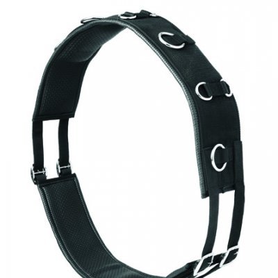 Correia de carga preta com argolas metálicas e fivelas