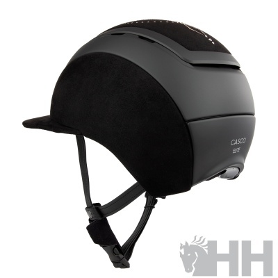 Capacete de equitação Casco Elite preto com correias ajustáveis e visor curto