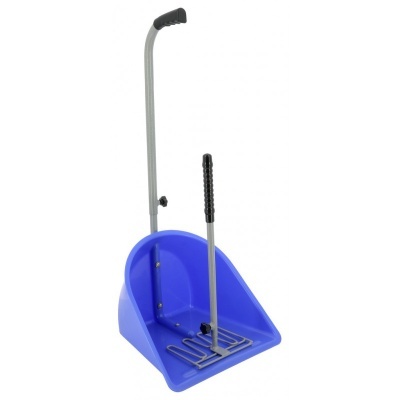 Pá azul para recolher excrementos com cabo metálico cinzento e punho preto