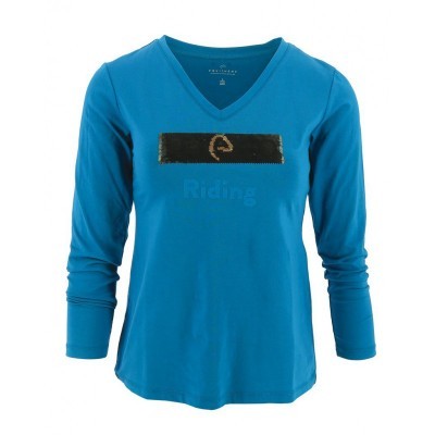 Camisola azul de manga comprida com símbolo e texto no peito