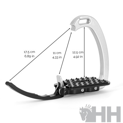 Estribo de montaria preto e branco com medidas e logótipo HH