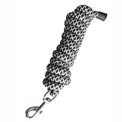 Trela trançada preta e branca com gancho metálico