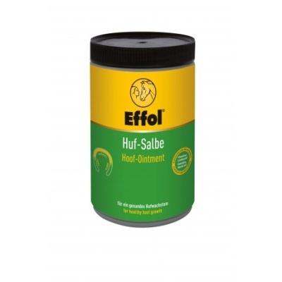 Frasco de pomada Effol para cascos com rótulo amarelo e verde