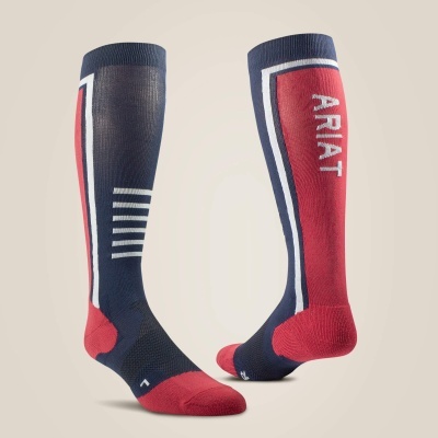 Par de meias desportivas azul, vermelho e branco com texto ARIAT na lateral