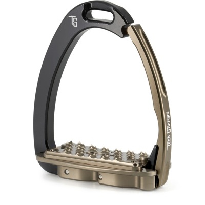 Estribo de equitação preto e bronze com cravos e inscrição Tech Stirrup