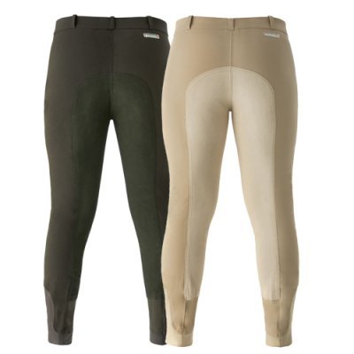 Duas calças de equitação em verde escuro e bege com reforços e etiqueta Pikeur