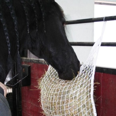 Cavalo preto a comer feno de um saco de rede branco num estábulo
