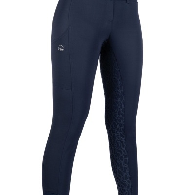 Calças justas femininas azuis escuras com padrão texturizado no interior das pernas