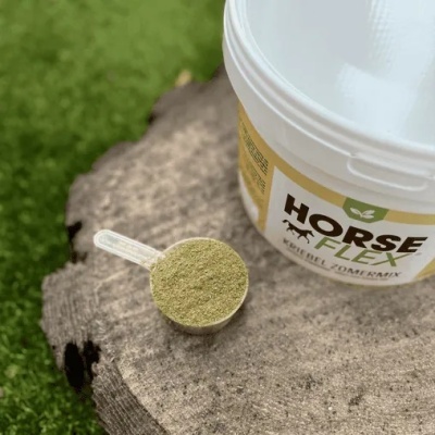 Suplemento em pó verde com doseador e embalagem Horse Flex sobre madeira