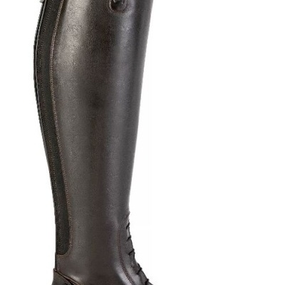 Bota alta castanha escura em pele com fecho elástico e sola preta