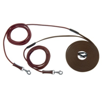 Três guias de cães castanhas com mosquetões prateados