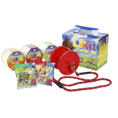 Kit Likit Starter com suplementos sabor cenoura, cereja e maçã, petiscos Snaks e suporte vermelho com corda