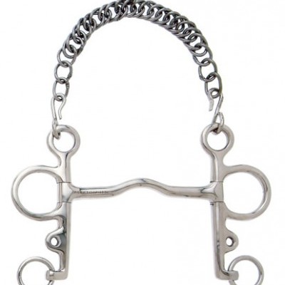 Freio de aço inoxidável para equitação com corrente e argolas.