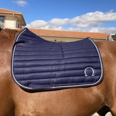 Sela almofadada azul escura numa cavalo castanho com símbolo de ferradura branca