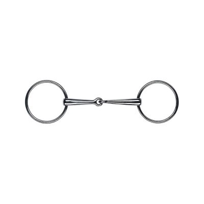 Freio de cavalo em metal prateado com duas argolas e peça central articulada