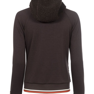 Sweatshirt castanha escura com capuz felpudo e detalhes em riscas