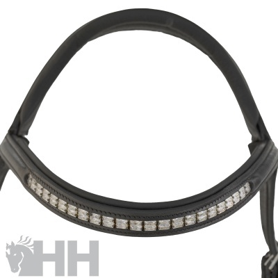 Arco de cabresto preto com pedras brilhantes e logotipo HH