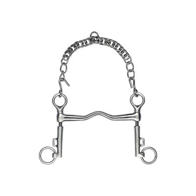 Freio metálico prateado com corrente para cavalo sobre fundo branco