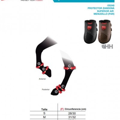 Protectores Zandona Superior Air para mãos em preto e castanho com instruções de medição e tabela de tamanhos