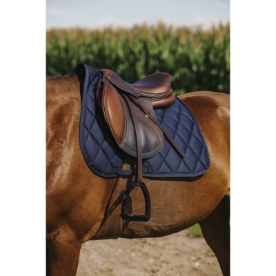 Sela de couro castanho sobre casco azul acolchoado em cavalo castanho ao ar livre