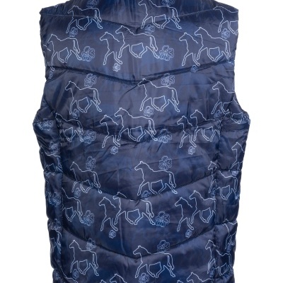 Colete azul escuro acolchoado com padrão de cavalos e flores