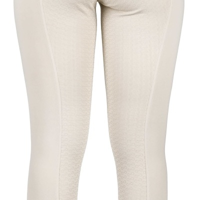 Calças justas bege claro com textura antiderrapante e bolsos falsos