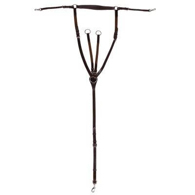 Peitoral em couro castanho escuro com fechos metálicos e argolas
