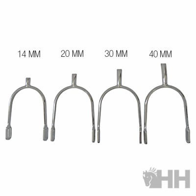 Quatro esporas metálicas prateadas de tamanhos 14MM, 20MM, 30MM e 40MM com fundo branco e logótipo HH