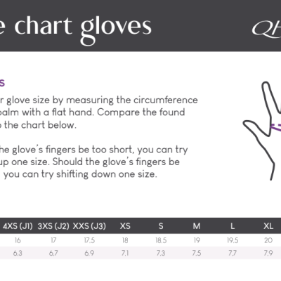 Gráfico de tamanhos para luvas QHP com instruções de medição da mão e tabela de tamanhos
