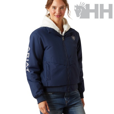 Casaco feminino azul escuro com capuz de tecido felpudo branco e fecho de correr