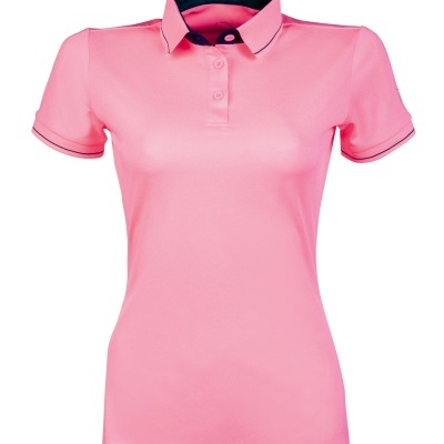 Polo feminina rosa com gola e punhos, interior da gola azul escuro