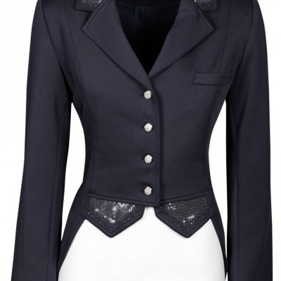 blazer feminino preto com botões prateados e detalhes brilhantes no colarinho e cintura