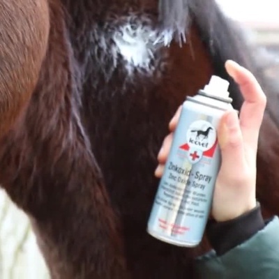 Aplicação de spray em aerosol em pescoço e casco de cavalo para cuidados