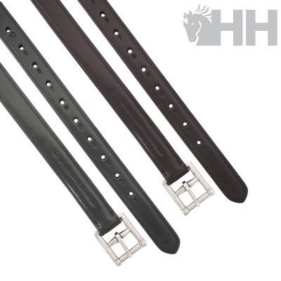 Correias de couro preto e castanho com fivelas metálicas e número de ajustes, fundo branco com logótipo HH e cavalo