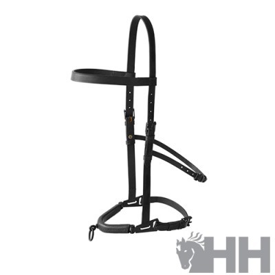 Bridão de cavalo preto em couro com correias ajustáveis em fundo branco