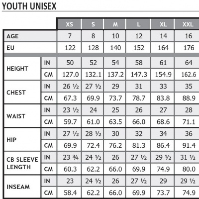 Tabela de tamanhos Youth Unisex de roupas com várias medidas em IN e CM