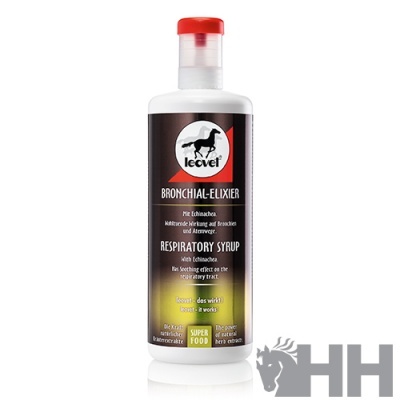 Frasco de xarope respiratório Lecvel com rótulo preto e tampa vermelha