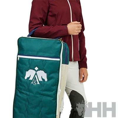 Bolsa acolchoada verde escuro e bege com logótipo de duas cabeças de cavalo brancas e letras AS